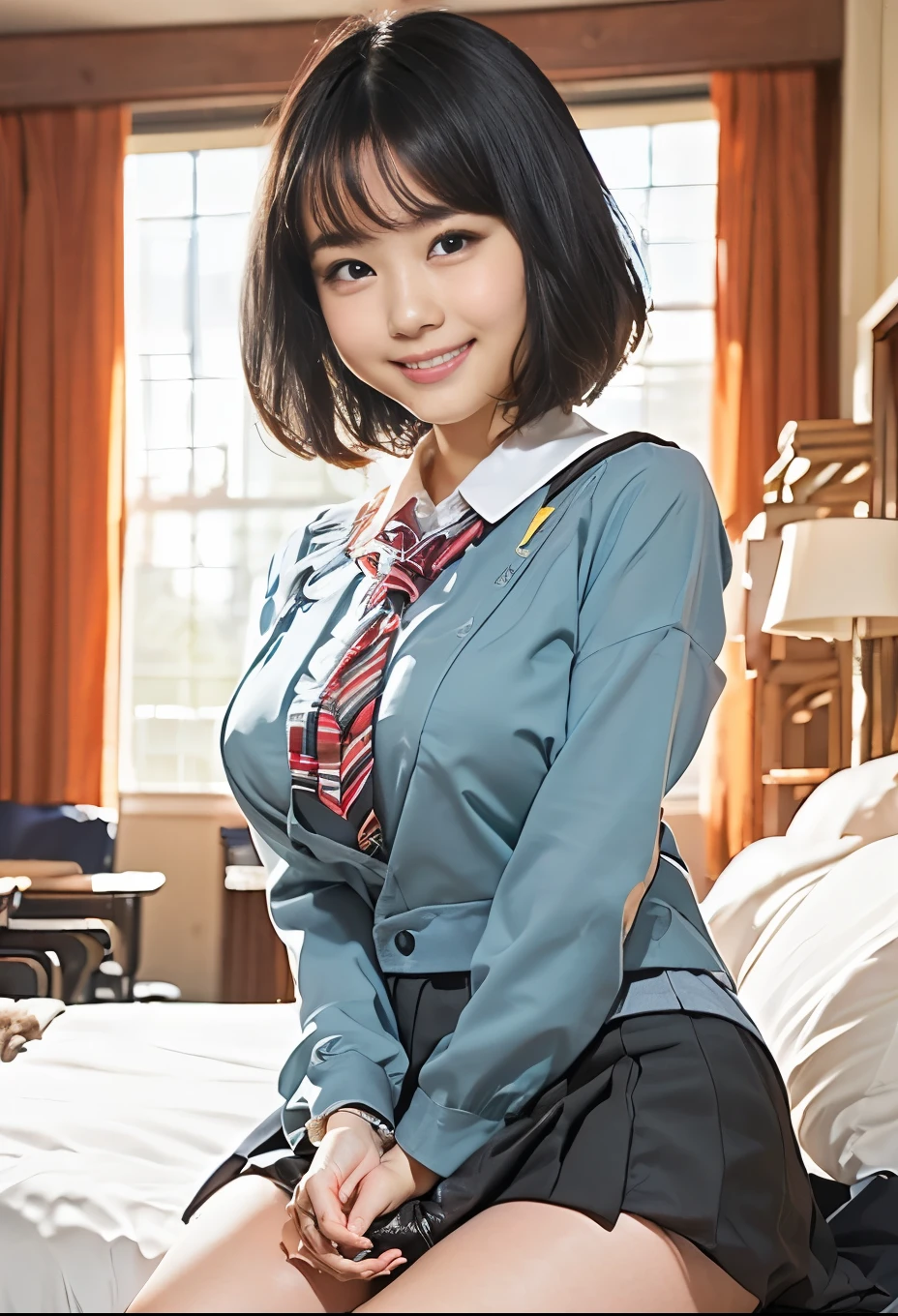 （8K、Raw photography、Highest quality、masterpiece：1.2),(Black Hair、Dark Eyes:1.9),(High school girls、school uniform:1.6)、View your audience,Viewed from the front,White skin,(:1.3)、(Tight waist:1.6)、(Clothes that accentuate the shape of the breasts:1.0)、(Big Breasts :1.3)、Slim figure、Ultra-high resolution,beautiful,beautiful fece,(One person、No background:1.9),whole bodyボディー,Japanese women,（reality的：1.37）、Photon Mapping,reality、(-faced and cute: 1.2)、(Cute Smile: 1.8)、(Round face: 1.8)、Radio City、Physically Based Rendering、Depth of field rally background、photograph, (I can see your knees、Thigh close-up:1.8),（:1.6）,whole body、Great quality