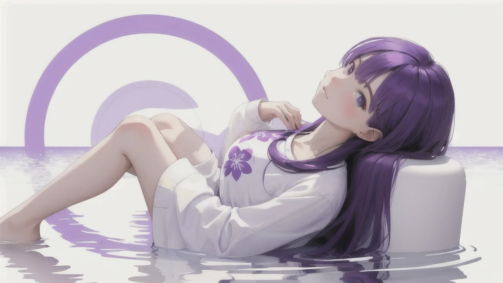 purple flower pattern white background, sitting in the middle, casual outfit, inside in the circle in the middle, long hair, water reflection,