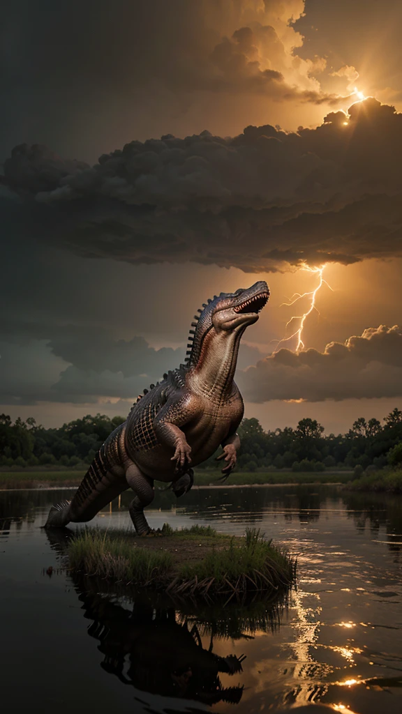 A realistic looking image of a spinosaurus roaming a swamp with lightning striking in the background at dusk