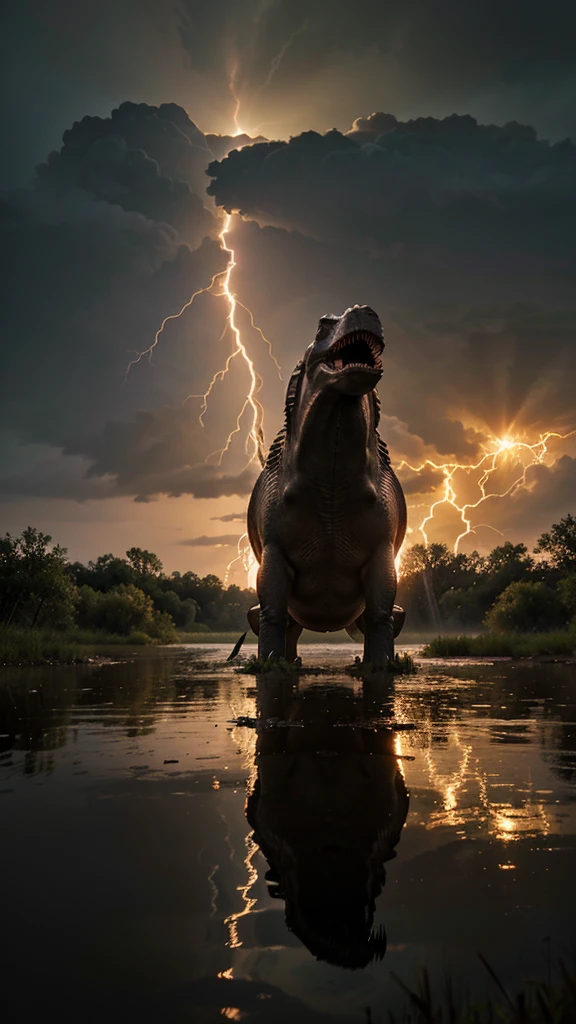 A realistic looking image of a spinosaurus roaming a swamp with lightning striking in the background at dusk
