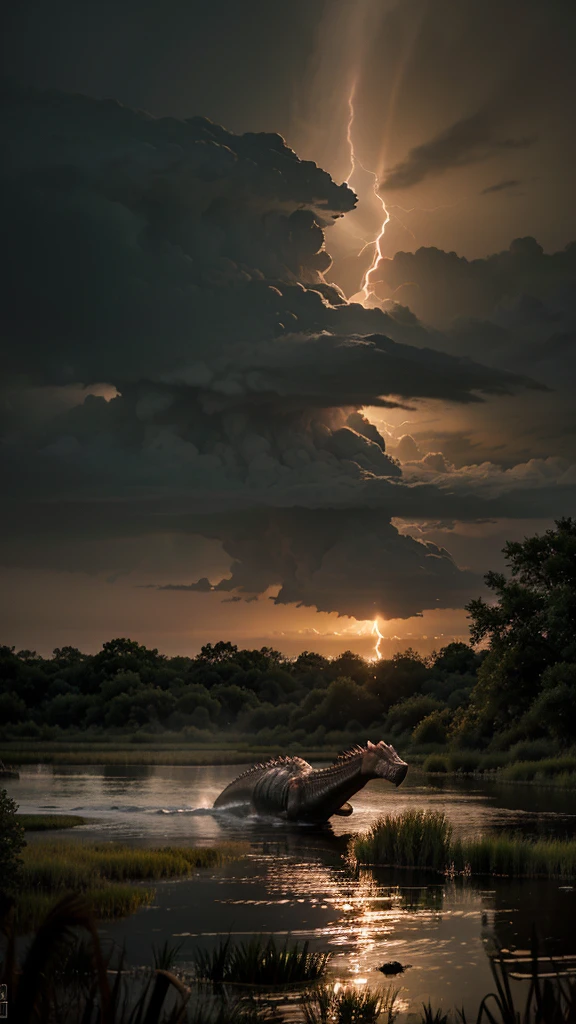 A realistic looking image of a spinosaurus roaming a swamp with lightning striking in the background at dusk
