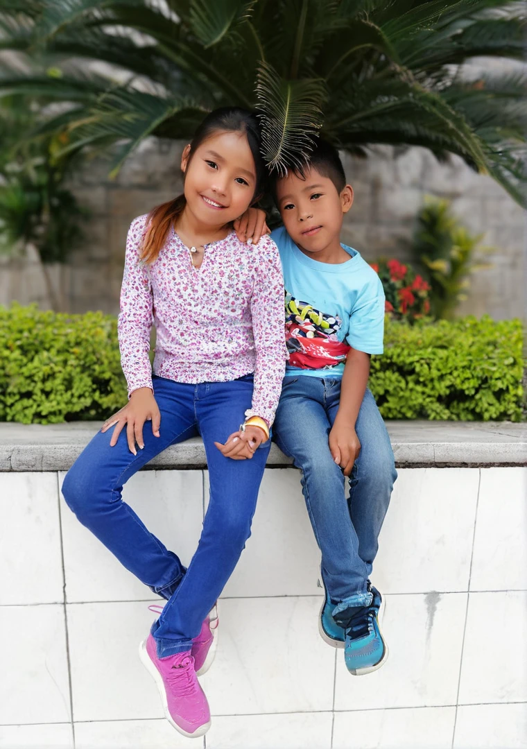There are two children sitting on a wall with a palm tree, boy and girl, children, lovely couple, casual photography, make the photo look like it were anime, don't lower the quality, let everyone see their faces well