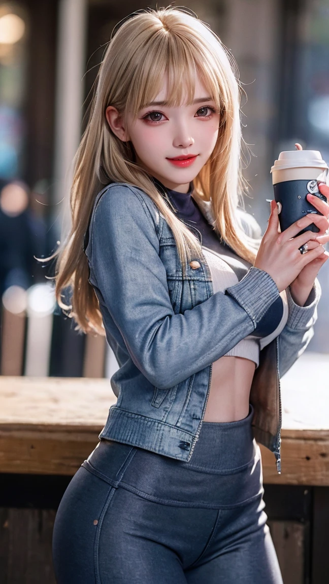 (masterpiece, best quality:1.4), (modern days), (cowboy shot), 1girl, solo, pov, sfw,
stunning girlfriend, (standing:1.1), dynamic pose, (white oversized sweater, knit sweater:1.4), (tight yoga pants, dark grey yoga pants:1.4), (short navy blue jacket, denim jacket:1.4), long blonde hair, swept bangs, heart shaped face, elegant face, beautiful face, highly detailed face, highly detailed skin, skin pores, subsurface scattering, (detailed blue eyes), realistic pupils, large breast, loving smile, looking at viewer, full face blush, full lips, holding a single coffee cup, centered,
coffee shop in background, city street, sunny day, wind, detailed background, depth of field, atmospheric perspective, volumetric lighting, sharp focus,
absurdres, realistic proportions, good anatomy, (realistic, hyperrealistic:1.4), 16k hdr,