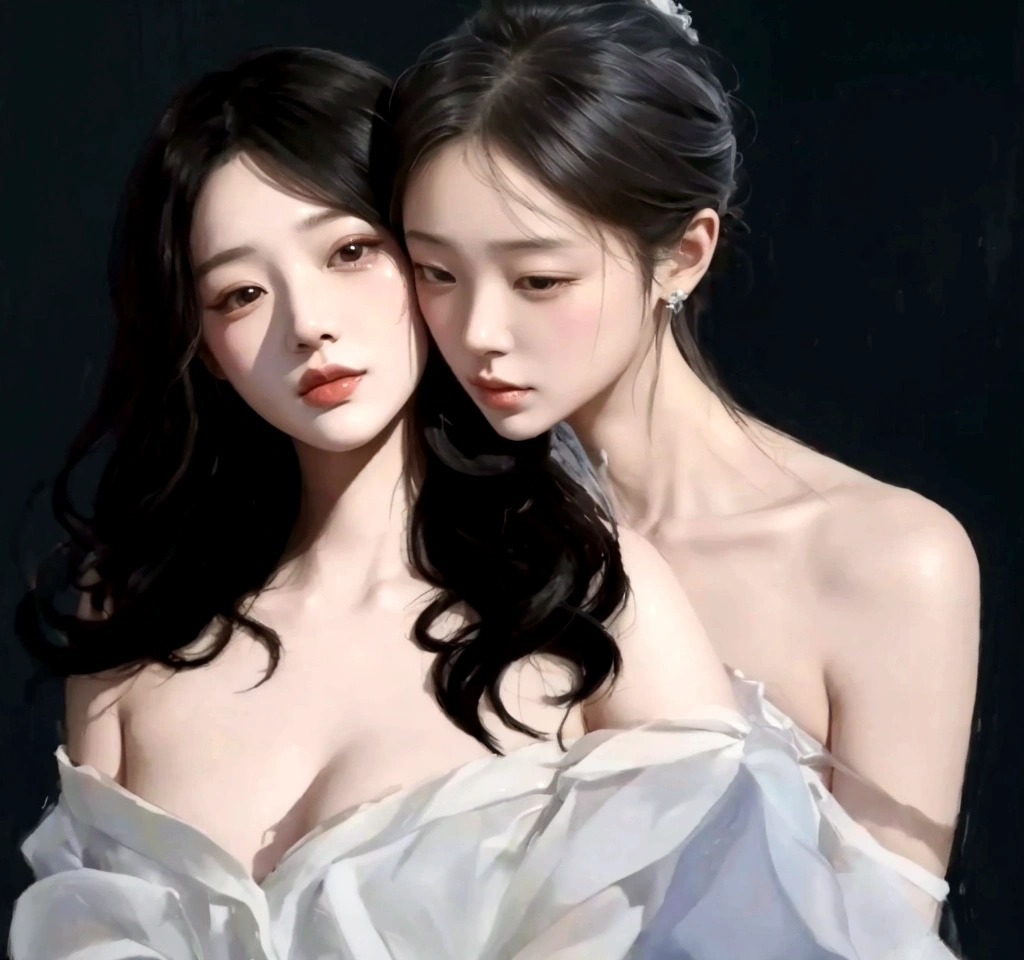 there are two women that are standing next to each other, Artwork in the style of gouache, In the art form of the pond, Greedy and failed, Inspiration from Yan Juncheng, digital paintingที่นุ่มนวล, digital pain, digital painting 8k, Inspiration from Kim Deuksin, two women, digital painting, Inspiration from Wang Khu