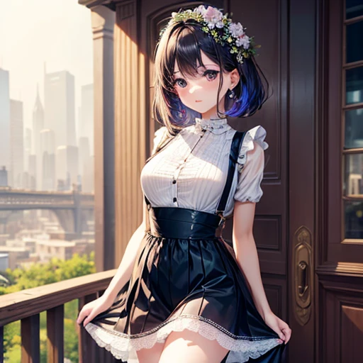 from a_Below,(masterpiece、top-quality)、(((Skirt Lift 1.6))),Black and white sheer blouse dress,a miniskirt,Cold shoulder sleeve,A dark-haired,Semi-long,smil,(((Petite girl at s old))),Brick wall,Curtsey,Sweat,((undergarment))