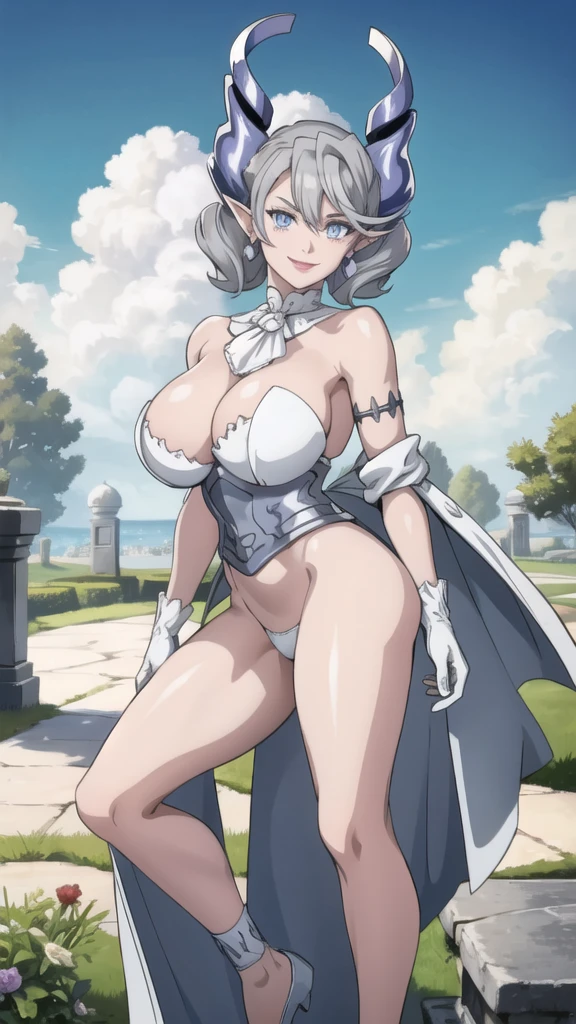 garden sun light High level image quality best image quality 8K adult woman silver castle outside more colors whole body view portrait naked super large breast horn ears short hair((shortcut)(gray hair)(perm)(fluffy)) eye color is blue , , attractive evil face , smile , sexy pose , labrynth , barearm , gloves , wearing white , standing , view foot arc , view side