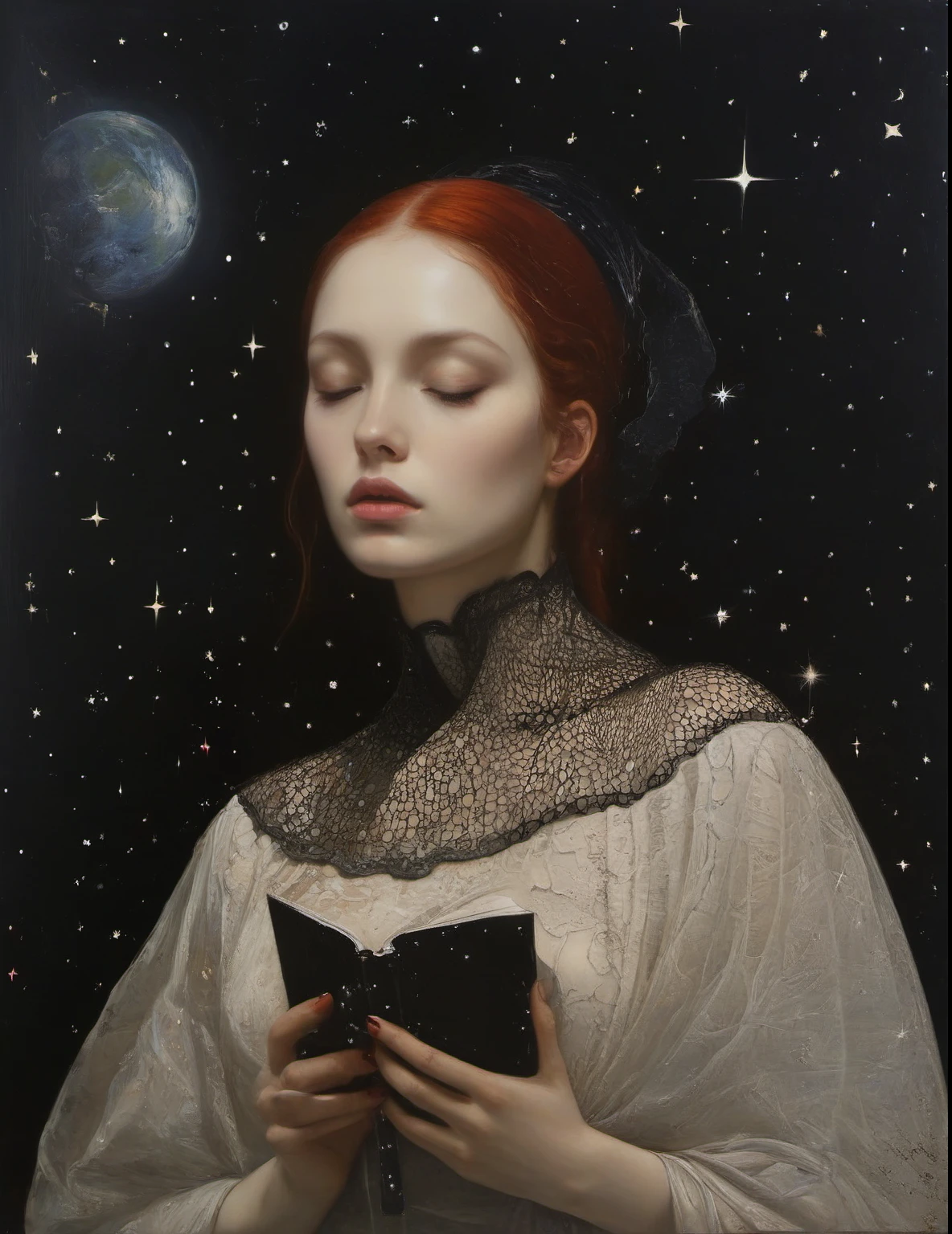 James Gurney, Surrealist art , dream-like, mysterious, Provocative, symbolic, Complex, detailed,, (Gothic but very beautiful:1.4), (masterpiece, Highest quality:1.4) , Nicola Samori Style, Starry Sky、woman、I