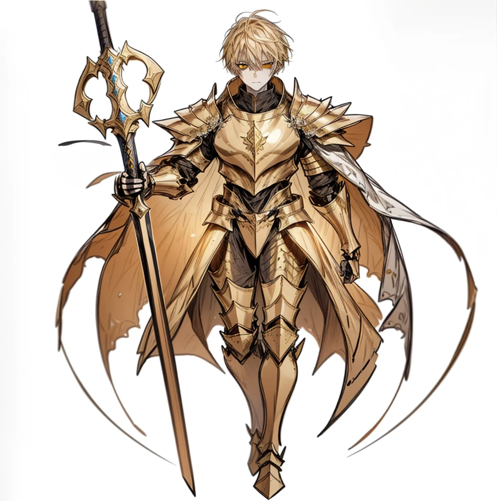 1boy, epic armor, legendary weapon, sacred knight king, legendary hero, golden armor, golden hair, yellow eyes, epic accessories, (high resolution, high detail, best quality), sfw