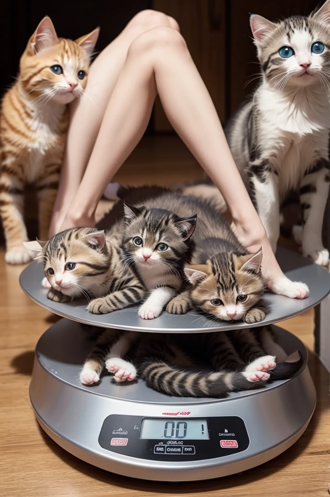 A fun-filled weigh-in with several kittens
