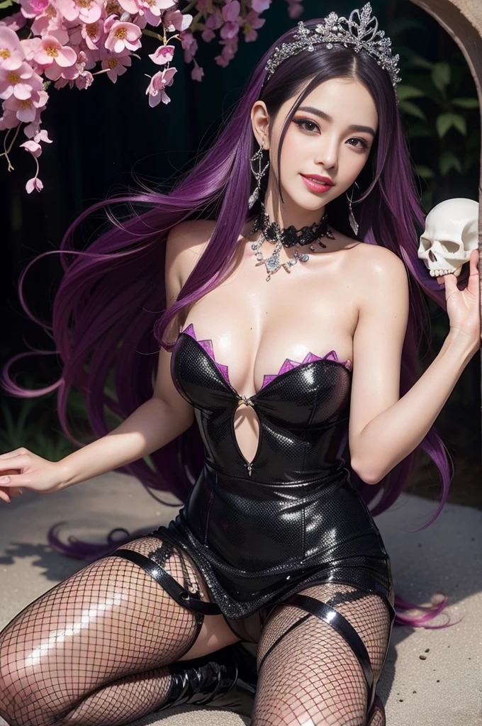 sexy Spanish model who controls poison、beautiful smile、lipgloss、long lashes、intense makeup、look at the camera、full body Esbian、、sparkling poisoned flower costume、、、、shiny sparkling multicolor hair、secrete poison、skull hair accessories、fishnet tights、shiny sparkling dark magic forest background