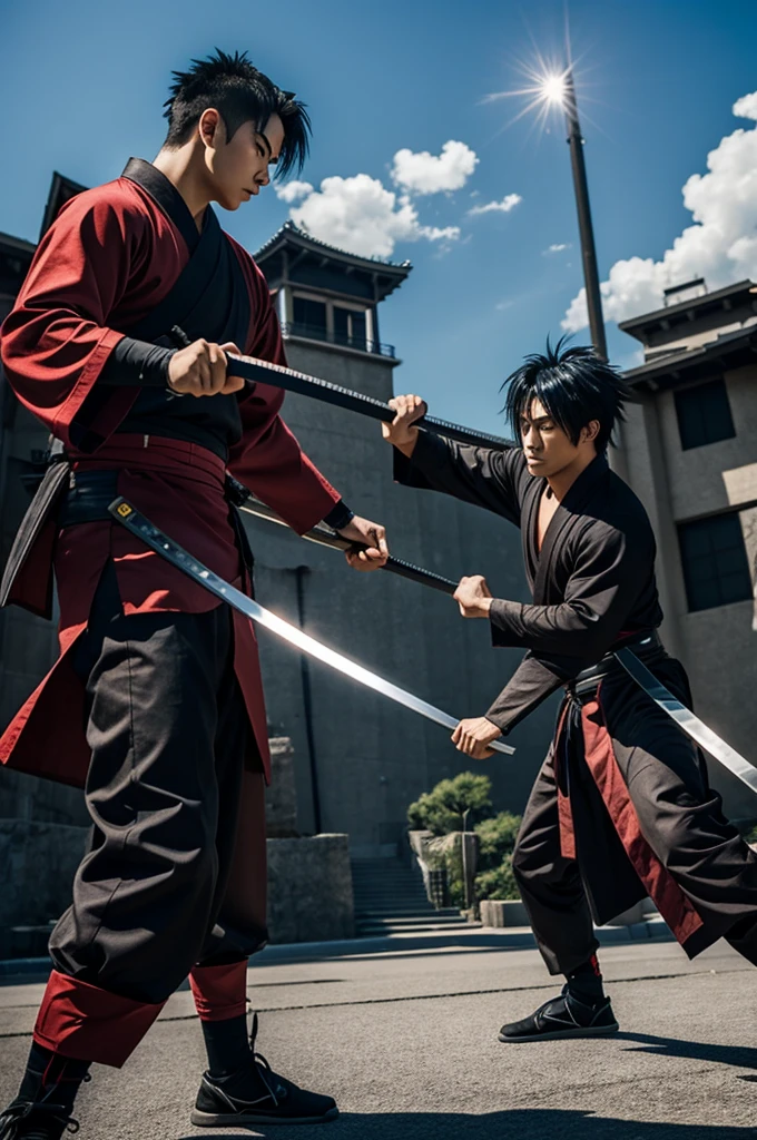 Two men fighting with anime style katanas 