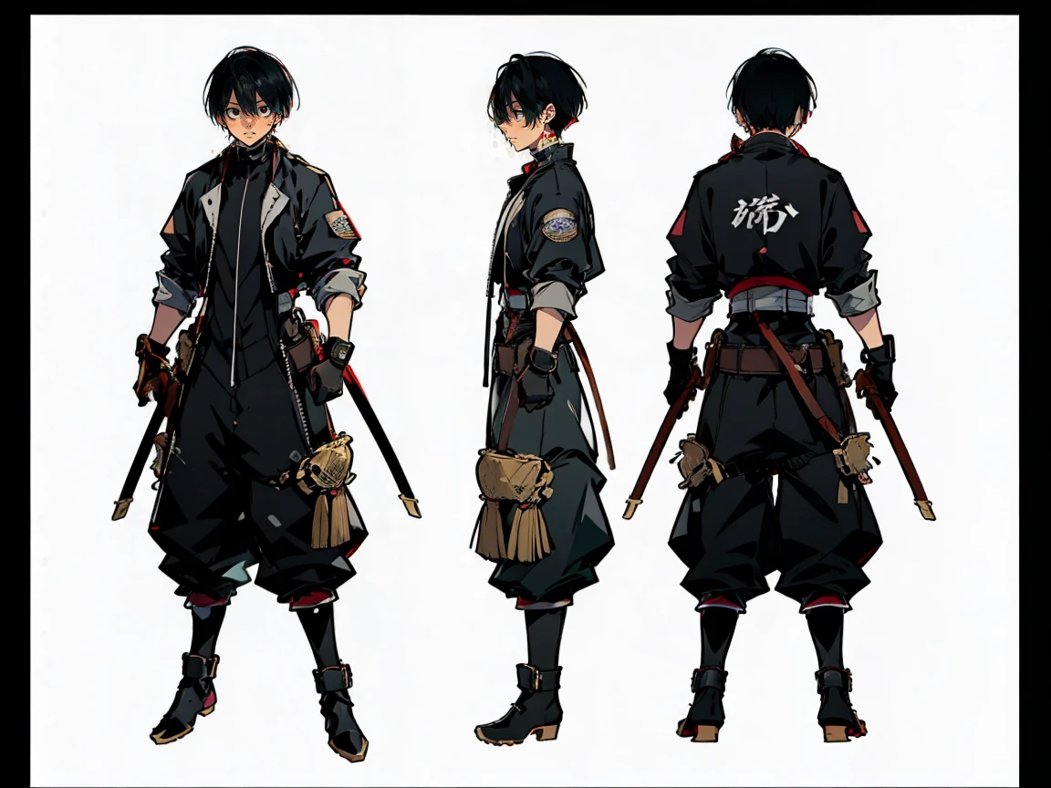 (((three-sided view, front view, side view, back view, multiple views, multiple poses and expressions, many parts)), concept art, character concept art, character sheet, Full body, illustration, (simple background, gray background), 1 character, 1girl, fantasy art:1.1), rekkyou sensen,rekkyo sensen, hasuichi nishizono, short hair, black hair, red eyes, boy, male, anime,1boy, bangs, hair between eyes, jacket, looking at viewer, male focus, solo, zipper, black clothes, black gloves, long pants, shot boots, silver choker