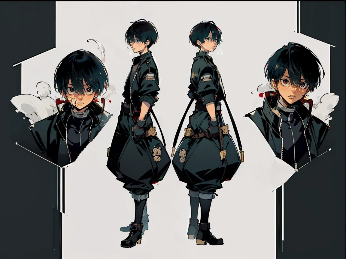 (((three-sided view, front view, side view, back view, multiple views, multiple poses and expressions, many parts)), concept art, character concept art, character sheet, Full body, illustration, (simple background, gray background), 1 character, 1girl, fantasy art:1.1), rekkyou sensen,rekkyo sensen, hasuichi nishizono, short hair, black hair, red eyes, boy, male, anime,1boy, bangs, hair between eyes, jacket, looking at viewer, male focus, solo, zipper, black clothes, black gloves, long pants, shot boots, silver choker
