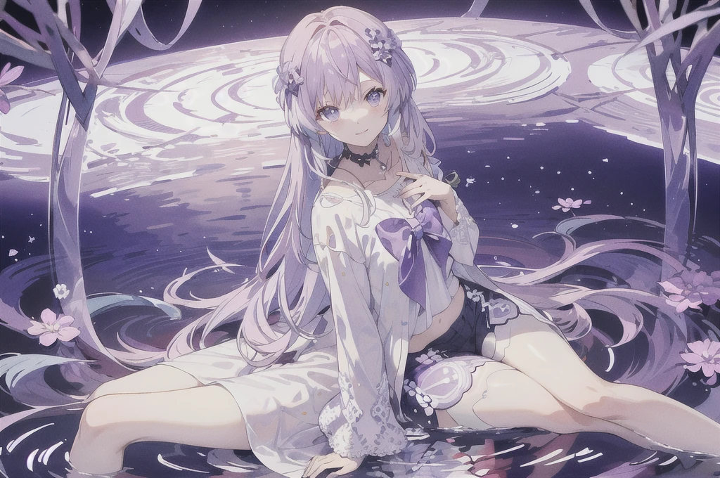 purple flower pattern white background, sitting in the middle, casual outfit, inside in the circle in the middle, long hair, water reflection,