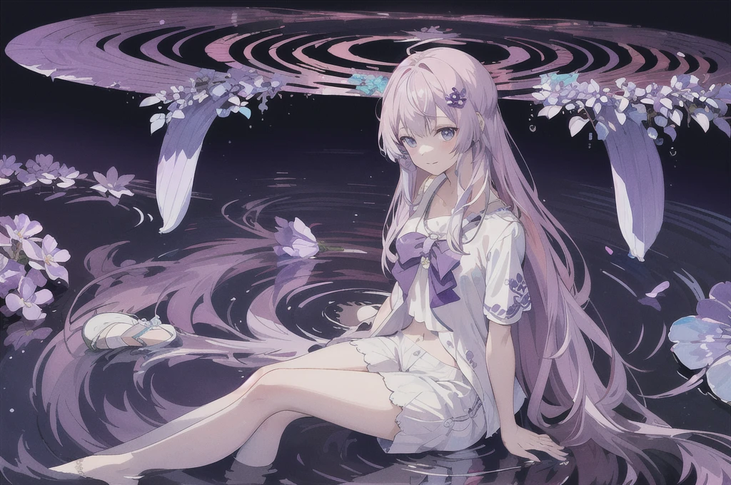 purple flower pattern white background, sitting in the middle, casual outfit, inside in the circle in the middle, long hair, water reflection,