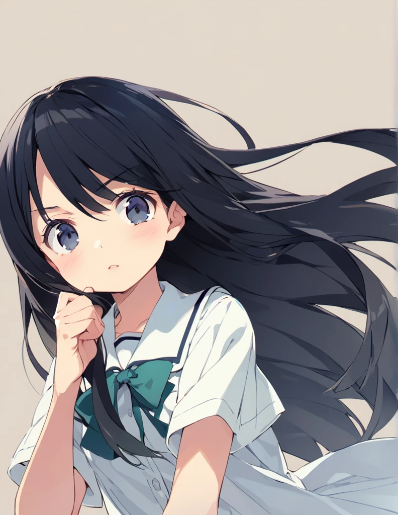 A middle school girl with long black hair 照れる