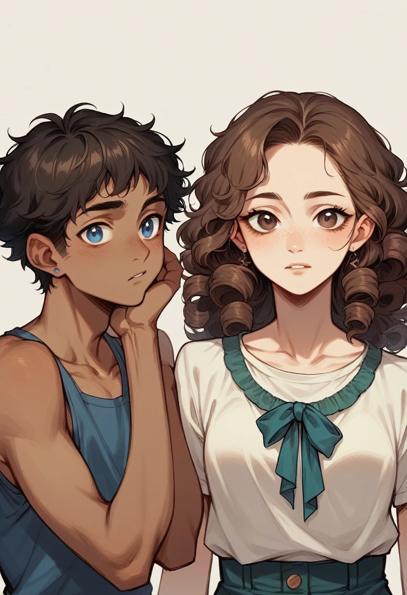 1woman with brown skin and long curly skin and brown eyes with two children, a girl and a boy with white skin and blue eyes