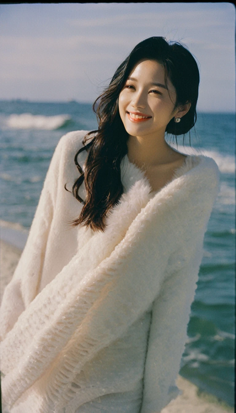 aesthetic portrait, (quite a bit body), Leica SL3, Summicron-SL 75 f/2 ASPH, Lomochrome Color 92 film, 1girl, (a beautiful face of Japanese model), friendly smile, solo, from behind, updo hair, film-grain, bokeh, depth of field, cinematic, seascape, artificial realm spectrum whale , sunshine,
