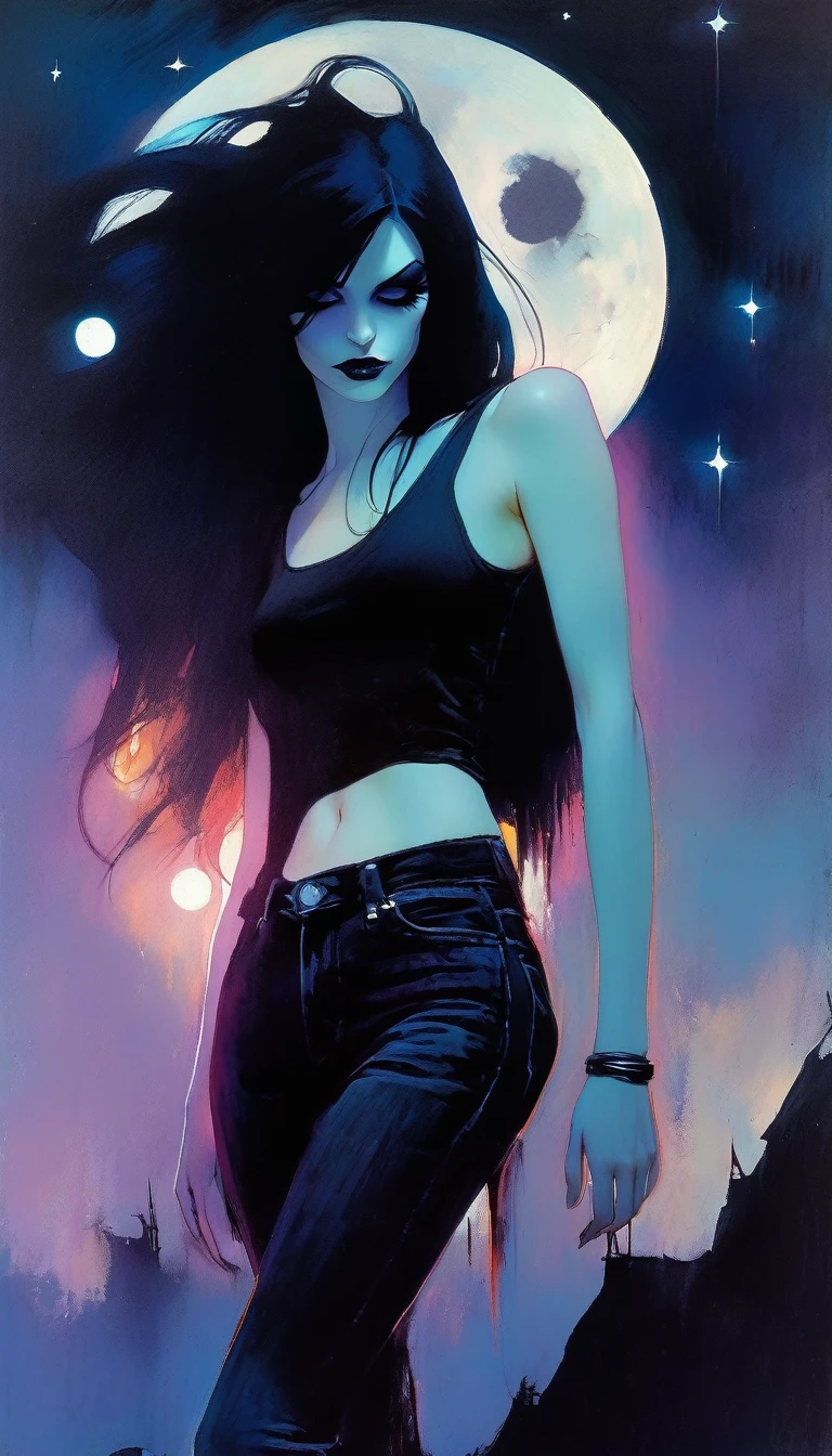 sexy gothic girl, long black straight hair, tight black tank top and jeans, small breasts, pale skin tone, death symbol,magic, fantastic, night sky, moon, stars, background, (simple oil painting in a style to Bill Sienkiewicz)