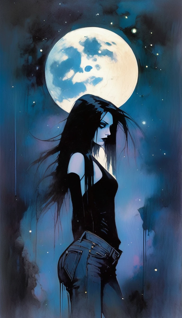 sexy gothic girl, long black straight hair, tight black tank top and jeans, small breasts, pale skin tone, death symbol,magic, fantastic, night sky, moon, stars, background, (simple oil painting in a style to Bill Sienkiewicz)