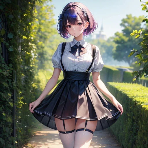 masterpiece, Top-class, Spring Dresses, Colored Hair, Outdoor,  Sheer short skirt,, suspenders, Light tulle, Wide Hips, Narrow waist, Smooth, soft and delicate skin　Woman making jam