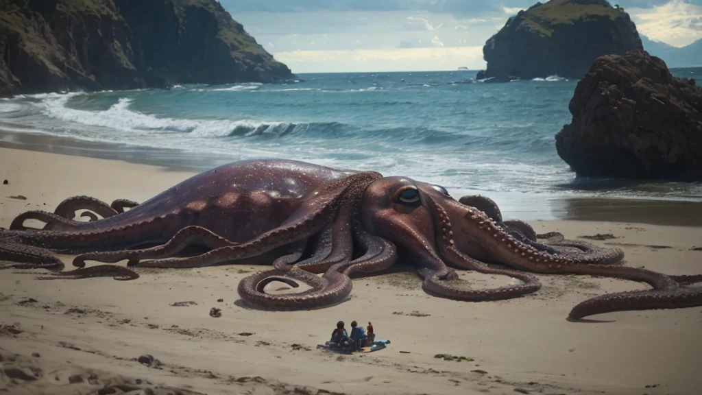 a scene, apparently taken from an old camera, from a distance not too close, ultra realisitic, where it shows a giant realistic octopus dead and stranded on a beach, hundreds of curious people surround him.
