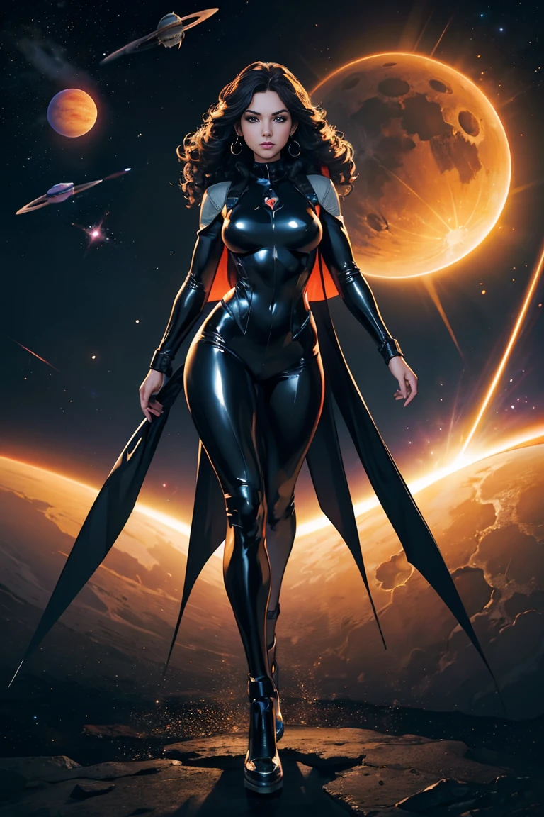 Beautiful black curvy woman in modelling outfitswith African designs modelling on a floating runway, in outer space, crowd watching, stars in the galaxy shining, with iridescent light, highly detailed images, vibrant beautiful colours, photorealistic image, 8k, ultra HD, unreal engine rendered, cinematic lighting, artgerm style,