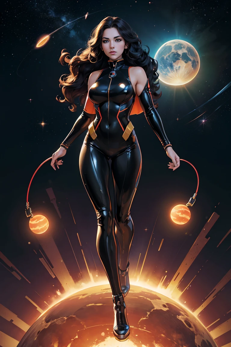 (((full body photo))), best quality, masterpiece, woman space super hero, full body,hi-tech vest over black latex suit, long curly hair, floating in deep space, with several planets and suns in the background
