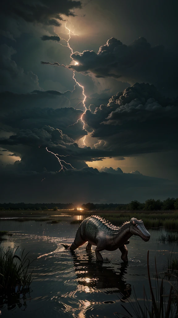 A realistic looking image of a scientifically accurate spinosaurus roaming a swamp with lightning striking in the background at dusk