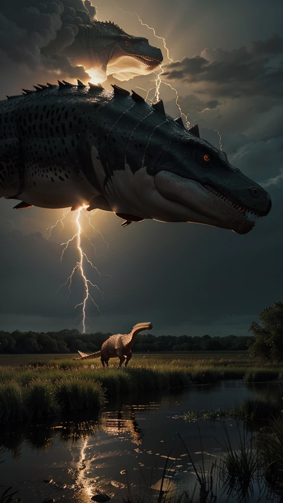 A realistic looking image of a scientifically accurate spinosaurus roaming a swamp with lightning striking in the background at dusk 