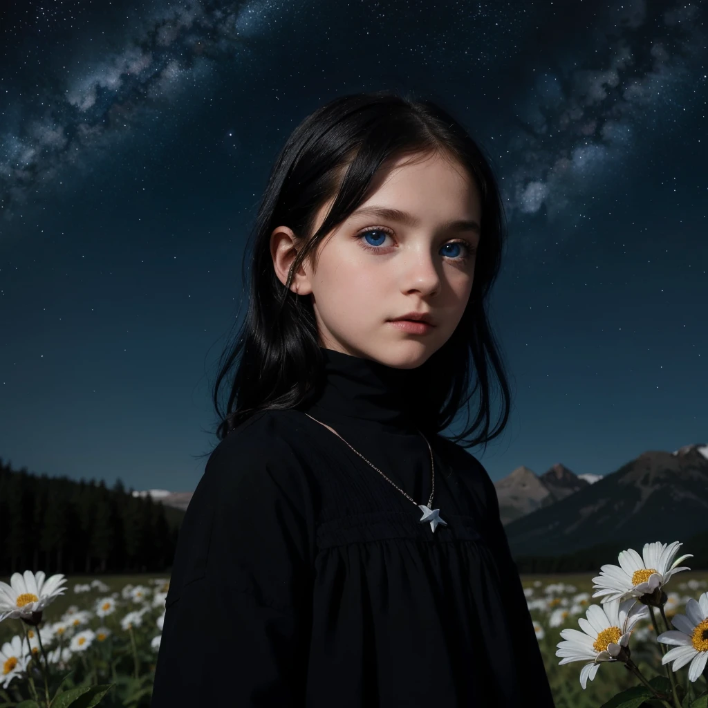 Retraction-up photo, a little 9-year-old goth girl, Blue eyes black hair wearing a white glass, Standing on the ground, night view, Many stars in the night sky, the Milky Way, colorful flowers, Headshot Close -up, oil painting style, Very obvious oil painting traces, impressionist palette style, UHD 32k, Beautiful