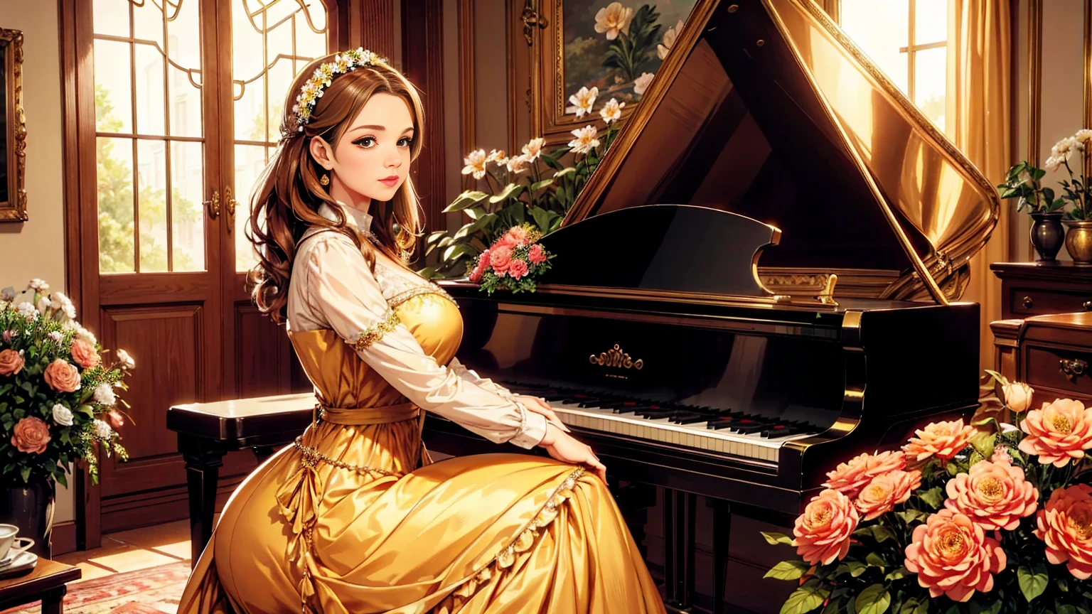 a beautiful young woman in a long vintage dress, exquisite detailed facial features, flowing hair, elegant posture, a grand old-fashioned house interior, a large ornate golden piano, lush flowers and greenery, masterpiece, highly detailed, cinematic lighting, warm color palette, Renaissance style