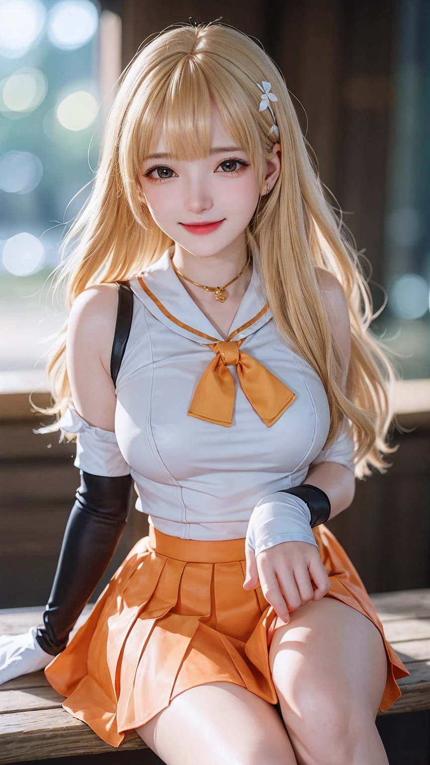 masterpiece, top-quality, A high resolution, SV1, Sailor warrior uniform, one blonde, orangeskirt, Wear gloves on elbows,Elbow woods, tiao, Orange sailor collar, sailorvenus, orange collar, whitegloves, jewely,A smile, Minako Aino,, Skirt cracked, Permanent, white straitjacket,, Gorgeous fabrics, Leather texture, ssmile, Cinema lenses, beautiful ambiance, depth of fields, Manhwa Style, the watercolor style, Flutter, ventania, Wind lift, shinny hair,