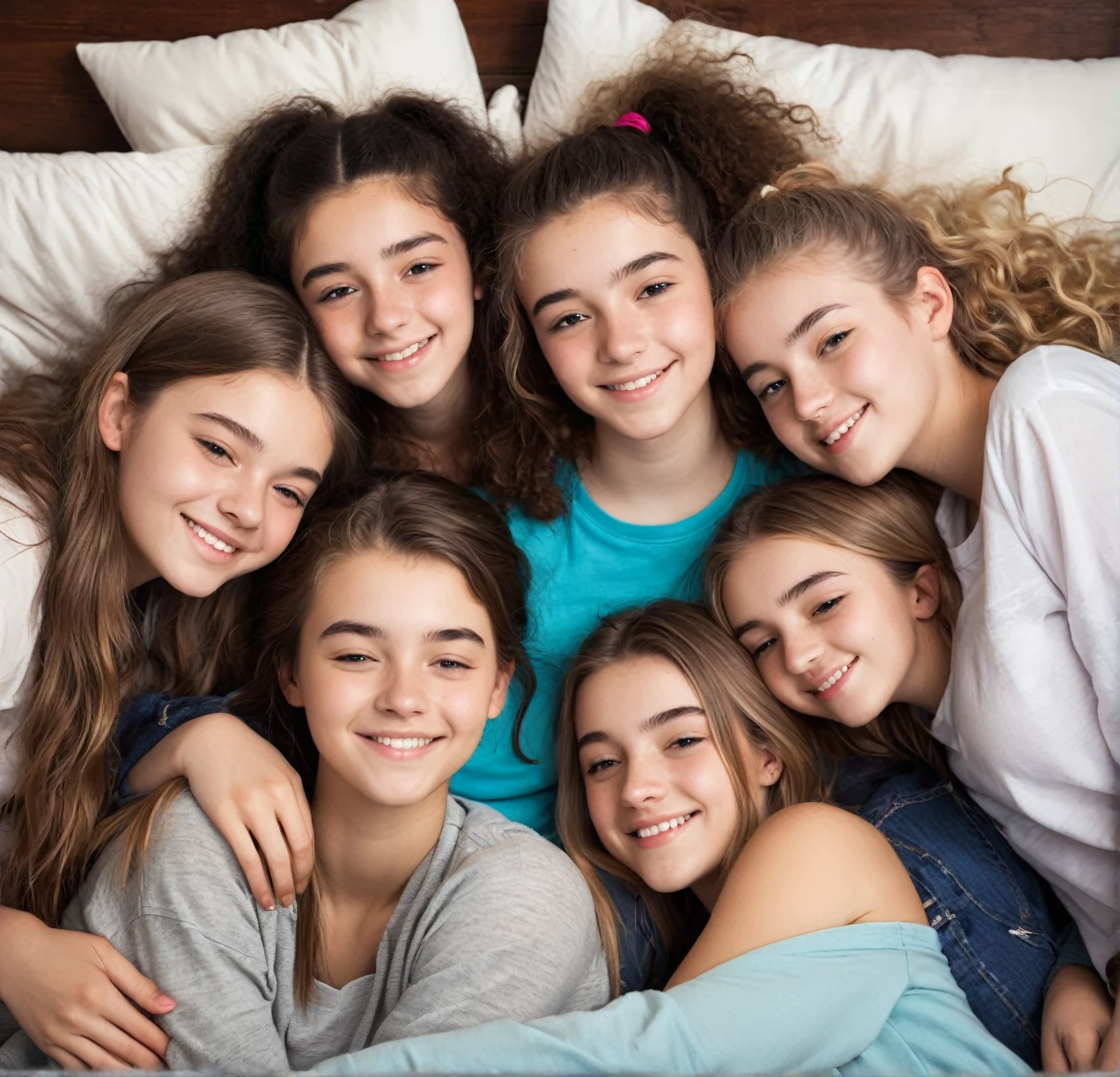3 different cute teenagers cuddling together