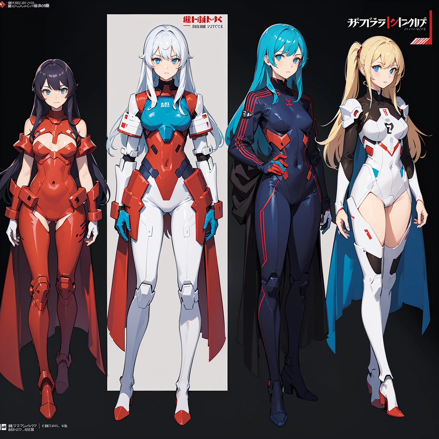 (((full body photo))), red blue and white color, femboy wearing a lightly armored jumpsuit, science fiction themes, chest armor, Gundam, best quality, official art, blue eye, front view, view rear, and side view of the character, Long hair