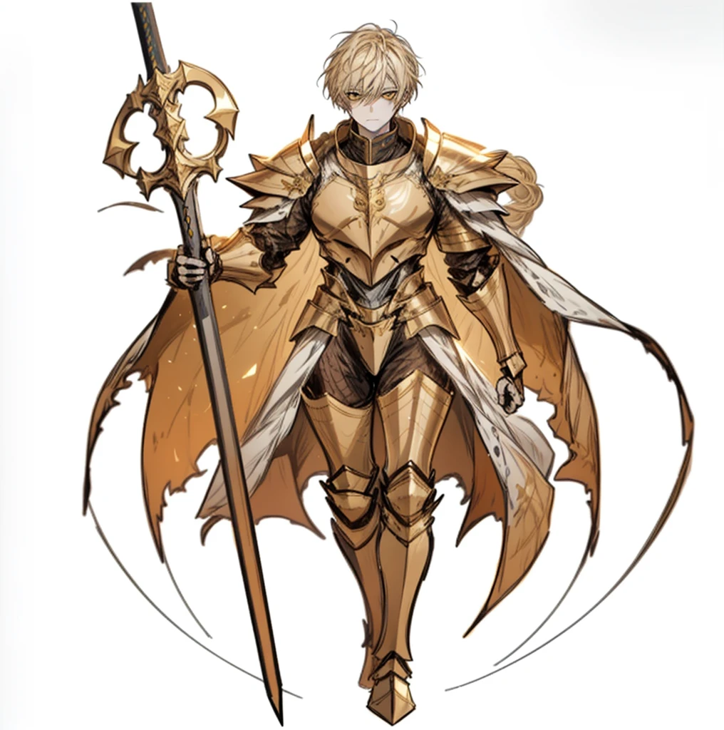 1boy, epic armor, legendary weapon, sacred knight king, legendary hero, golden armor, golden hair, yellow eyes, epic accessories, (high resolution, high detail, best quality), sfw