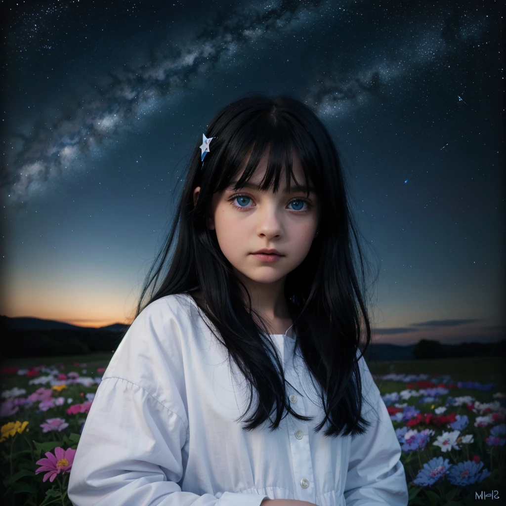 Retraction-up photo, a little 9-year-old goth girl, Blue eyes black hair wearing a white glass, Standing on the ground, night view, Many stars in the night sky, the Milky Way, colorful flowers, Headshot Close -up, oil painting style, Very obvious oil painting traces, impressionist palette style, UHD 32k, Beautiful