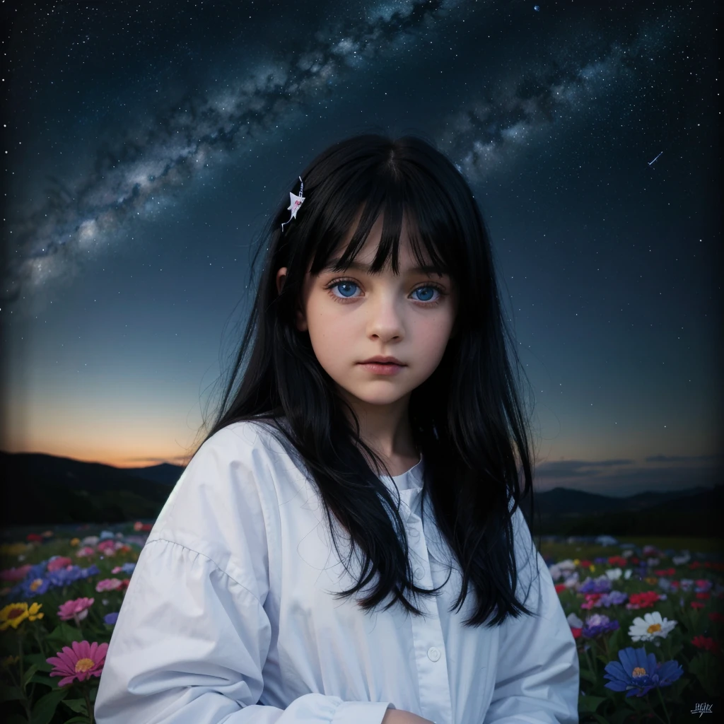 Retraction-up photo, a little 9-year-old goth girl, Blue eyes black hair wearing a white glass, Standing on the ground, night view, Many stars in the night sky, the Milky Way, colorful flowers, Headshot Close -up, oil painting style, Very obvious oil painting traces, impressionist palette style, UHD 32k, Beautiful