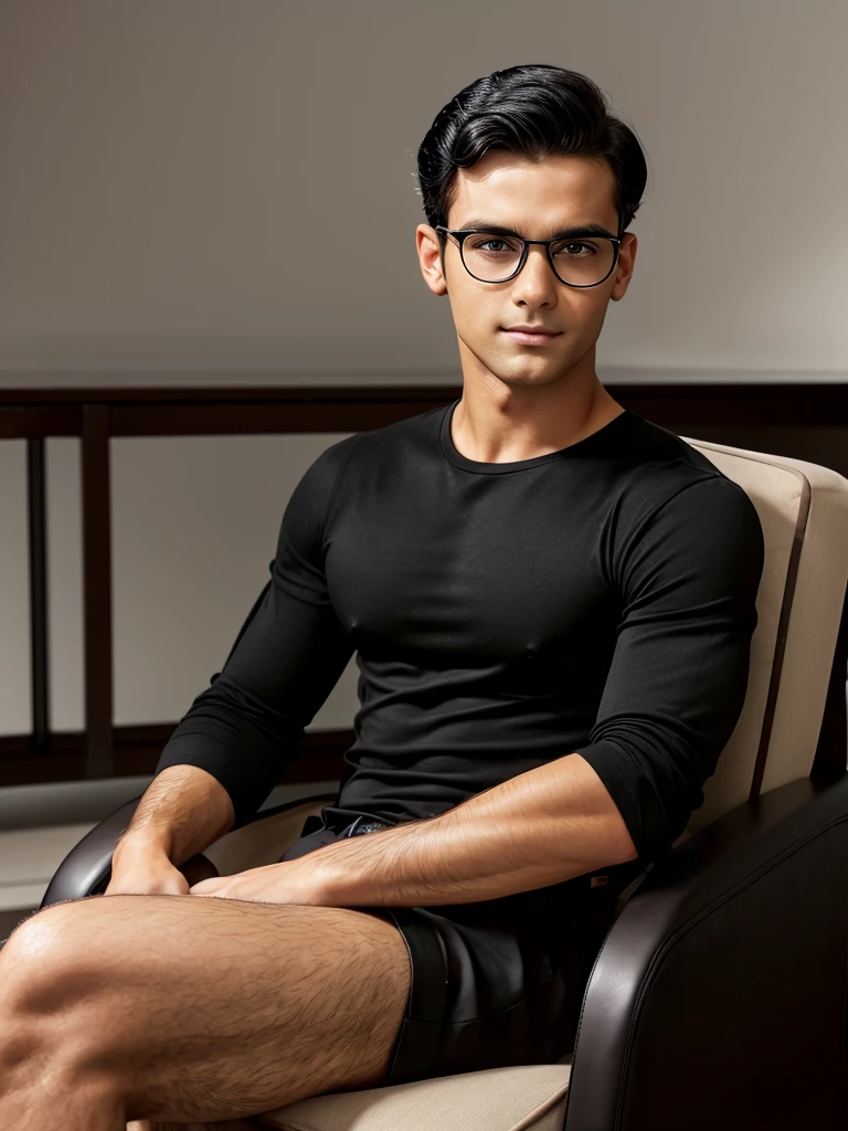  handsome young man, with short hair combed to the side, deep black hair color. has big brown eyes, wears transparent black frame glasses, and has a rounded face with shaved stubble, legs crossed looking in profile, sitting in a chair, in a photo session, athletic body.