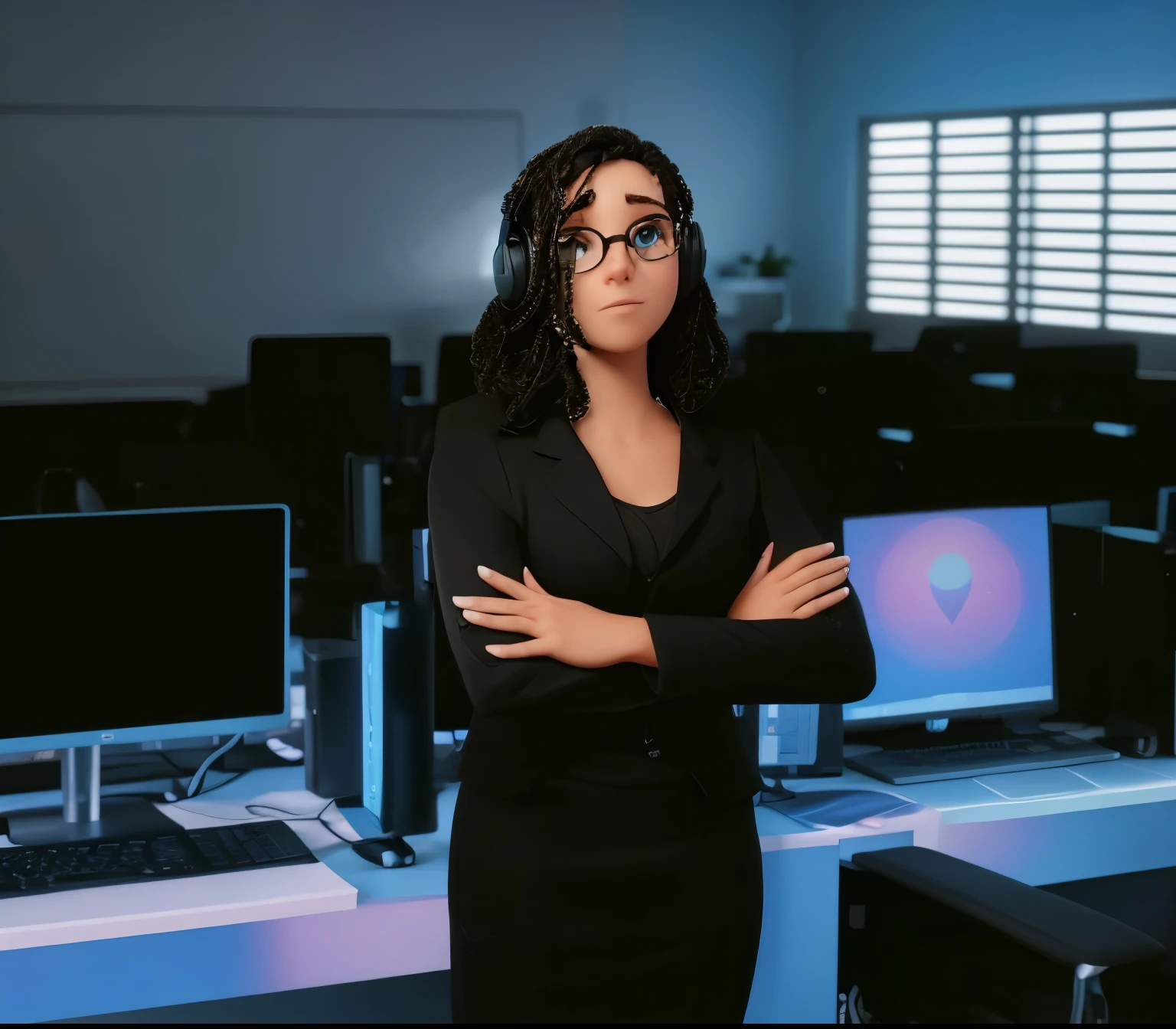 com base na minha foto gere uma imagem estilo avatar 3d com a descrição Create an avatar of a person wearing glasses and headphones, sitting with a laptop, looking engaged in web development work. The scene should depict a professional workspace, with a modern and tech-savvy aesthetic. The avatar should resemble the person in the provided photo, with attention to facial features and hair style. Include elements that represent web development, such as code on the laptop screen and a tidy, organized desk setup.