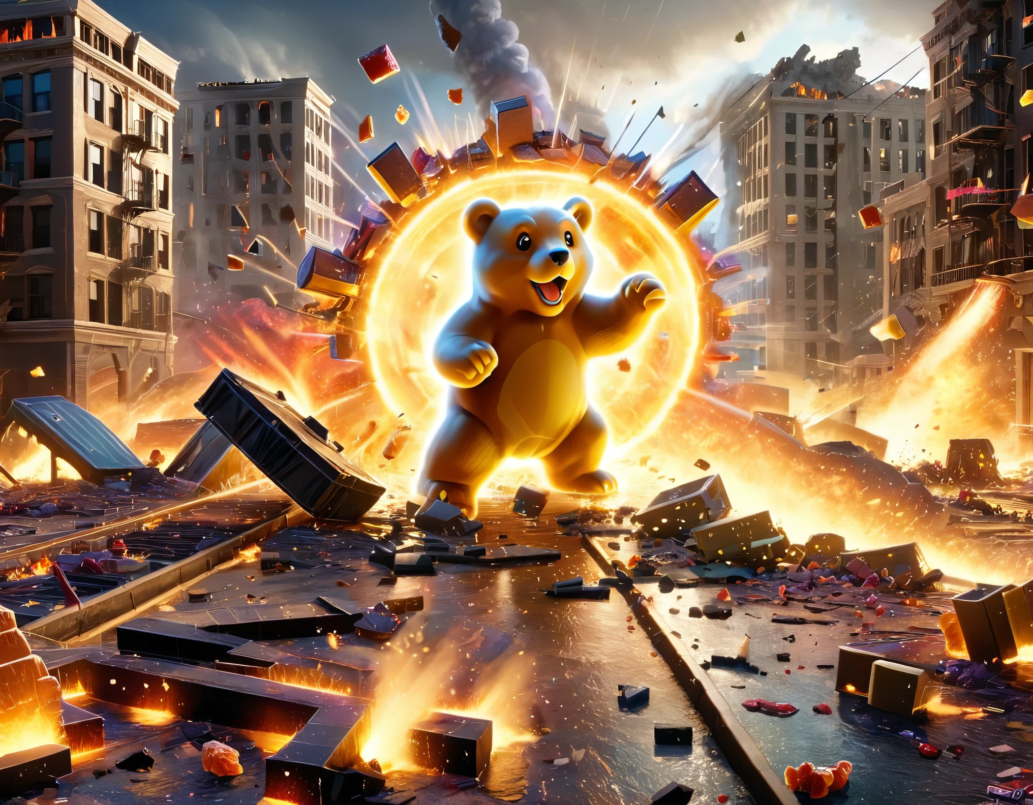 High-resolution 3D scene, epic rampage, Los Angeles in chaos, giant gummy bears, massive destruction, explosive mayhem, urban destruction, gummy bear attack, dramatic lighting, surreal catastrophe, city in ruins, gummy bear apocalypse, colorful carnage, debris falling, apocalyptic disaster, action-packed rampage, incredible visual effects, dynamic composition, urban warfare, chaos and destruction, epic destruction, intense cataclysm, cinematic disaster, city under siege, massive devastation