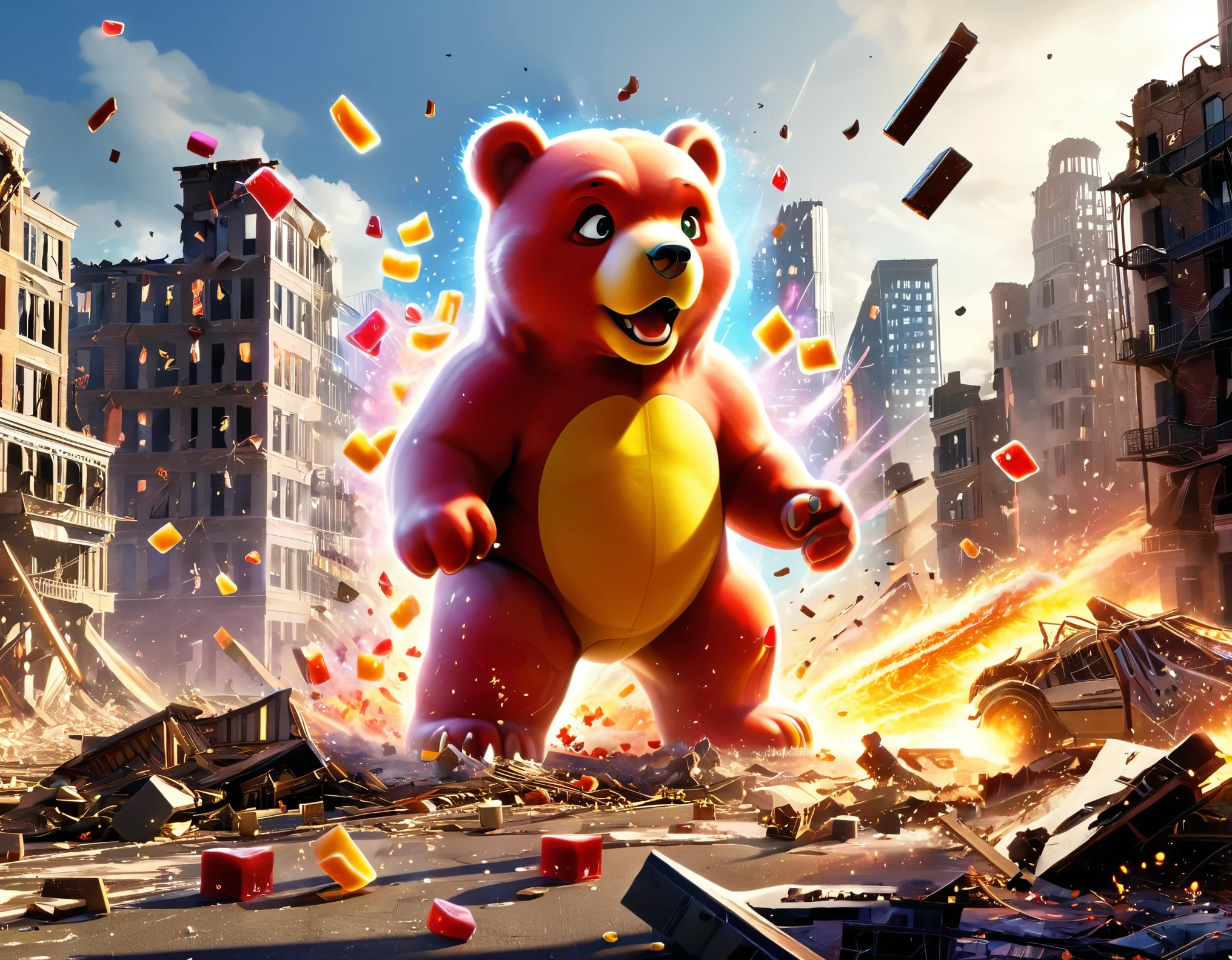 High-resolution 3D scene, epic rampage, Los Angeles in chaos, giant gummy bears, massive destruction, explosive mayhem, urban destruction, gummy bear attack, dramatic lighting, surreal catastrophe, city in ruins, gummy bear apocalypse, colorful carnage, debris falling, apocalyptic disaster, action-packed rampage, incredible visual effects, dynamic composition, urban warfare, chaos and destruction, epic destruction, intense cataclysm, cinematic disaster, city under siege, massive devastation