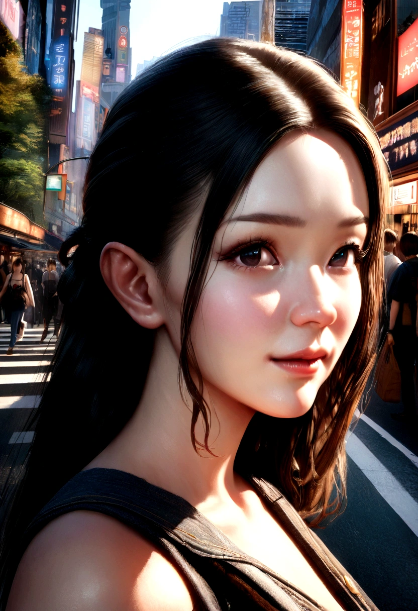 ((hair, 超高解Realistic, PhotoRealistic: 1.37), Super detailed, (Tokyo, Busy Street, sunny: 1.2), Professional Lighting, Photon Mapping, Radio City, Physically Based Rendering, masterpiece, Rich details, (Beautiful Face),(Beautiful Eyes), (Clear Face), (Detailed face description), (Detailed hand description), ( masterpiece), Realistic, Extreme light and shadow, Gloss