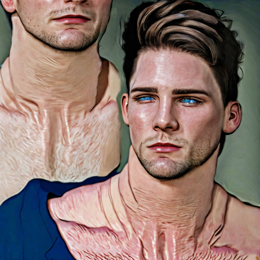 Creates a young adult with light brown hair, blue eyes, a defined and quite handsome physical body.