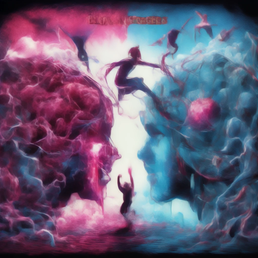 blood scavengers opposite world dream cyan magenta. A fight inside a broken mind. A splendid beautiful trans woman trying to emerge as the future in an astonishing panorama of end times.