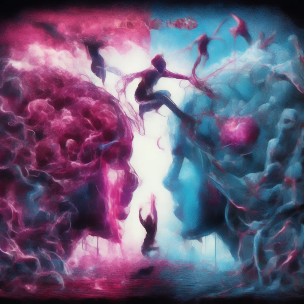 blood scavengers opposite world dream cyan magenta. A fight inside a broken mind. A splendid beautiful trans woman trying to emerge as the future in an astonishing panorama of end times.