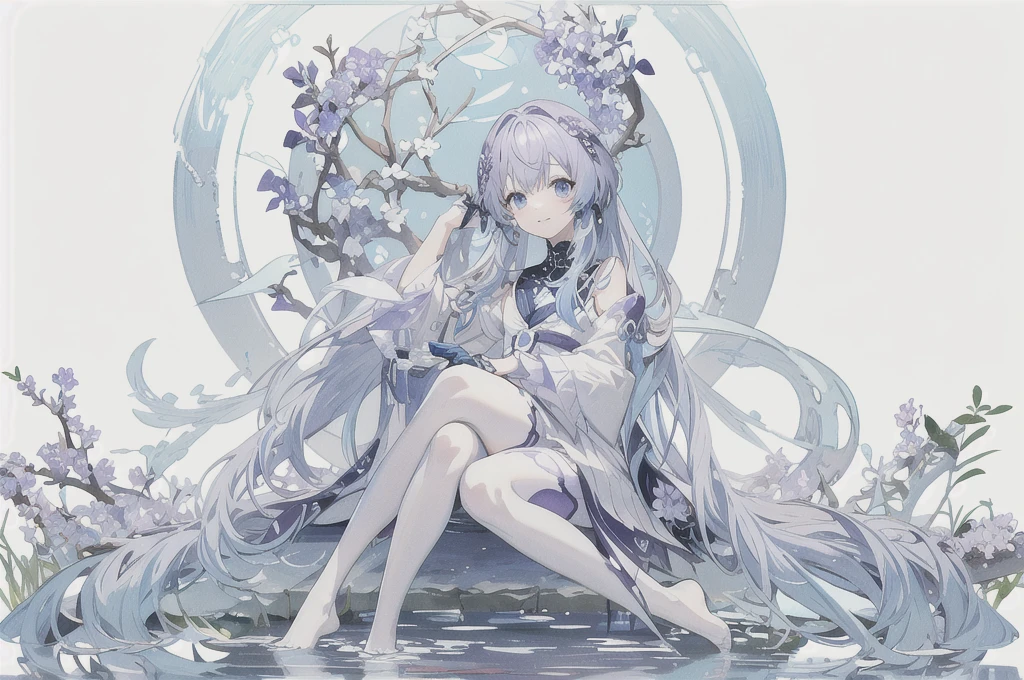 purple flower pattern white background, sitting in the middle, casual outfit, inside in the circle in the middle, long hair, water reflection,