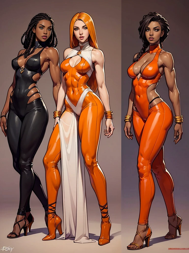 ((best quality)), ((4k)), ((highres)), ((masterpiece:1.2)). ((detailed)), ((ultra realistic)), ((character design sheet)), full body picture of a beautifull Ebony skinned female, black woman, dark skin, ebony princess, perfect face, detailed eyes, detailed lips, about 25 years old, about 5'7 ft. tall, long thin dreadlocks down to her hips, ((emphasis on her long thin dreadlocks down to her hips)), pretty, feminine woman, toned body but not too muscular looking, dressed in a skin-tight sleeveless full body orange jumpsuit, ((emphasis on the skin-tight sleeveless full body orange jumpsuit)), showing cleavage, glamorous, strappy lace up high, fighting game character concept art, tekken character design, the king of fighters character concept, full bofy, full body concept art, full body art
