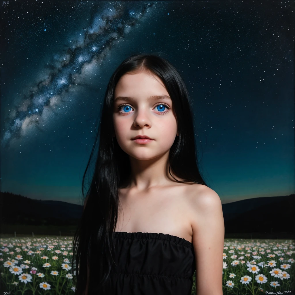 Retraction-up photo, a little 9-year-old goth girl, Blue eyes black hair wearing a white glass, Standing on the ground, night view, Many stars in the night sky, the Milky Way, colorful flowers, Headshot Close -up, oil painting style, Very obvious oil painting traces, impressionist palette style, UHD 32k, Beautiful