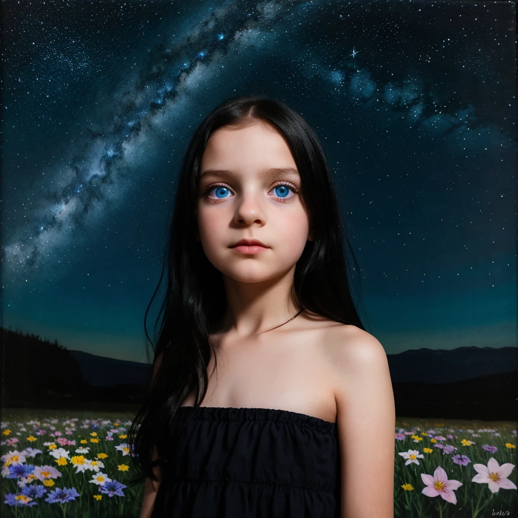 Retraction-up photo, a little 9-year-old goth girl, Blue eyes black hair wearing a white glass, Standing on the ground, night view, Many stars in the night sky, the Milky Way, colorful flowers, Headshot Close -up, oil painting style, Very obvious oil painting traces, impressionist palette style, UHD 32k, Beautiful